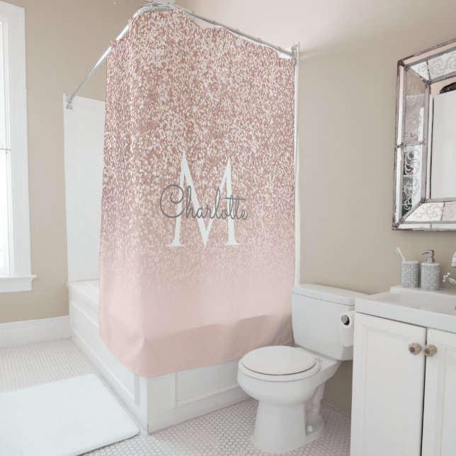 Rose Gold Glitzer Blush Pink Monogram Girl Script Duschvorhang (Beispiel)