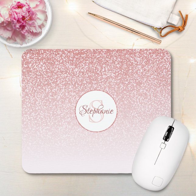 Rose Gold Glitzer Blush Pink Ombre Monogram Mousepad (Von Creator hochgeladen)