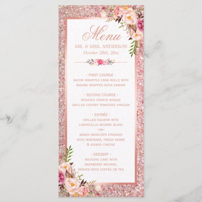Rose Gold Glitzer Blush Rosa Blumenmenü Menükarte (Vorderseite)