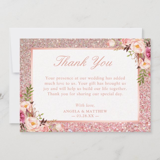 Rose Gold Glitzer Blush Rosa Floral Vielen Dank Dankeskarte (Vorderseite)