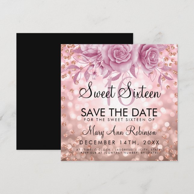 Rose Gold Glitzer Blütensüß 16 Save the Date Einladung (Vorne/Hinten)