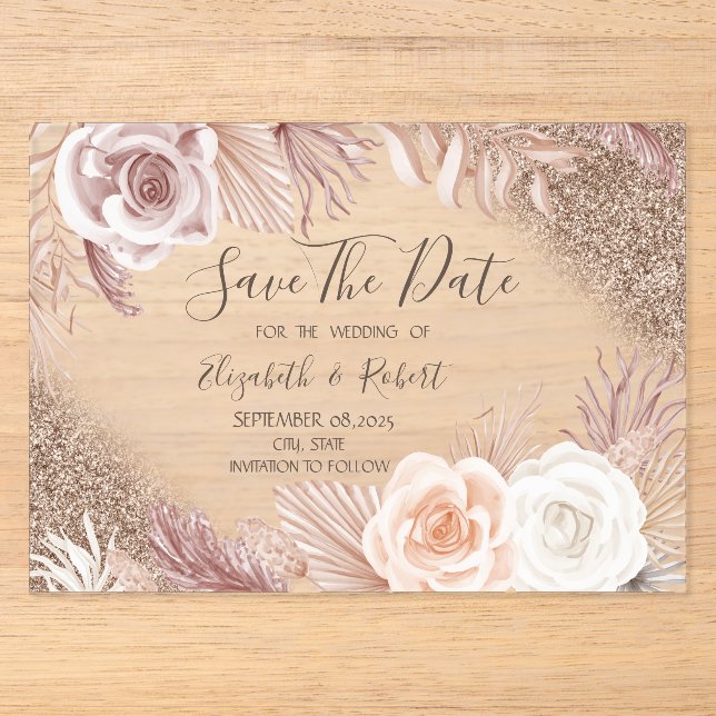 Rose Gold Glitzer Boho Blume Ombre Save the Date Acryleinladungen (Vorderseite)