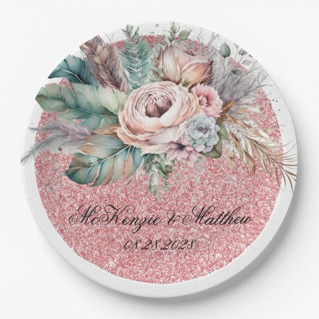 Rose Gold Glitzer Boho Florals Feathers Wedding Pappteller (Vorderseite)