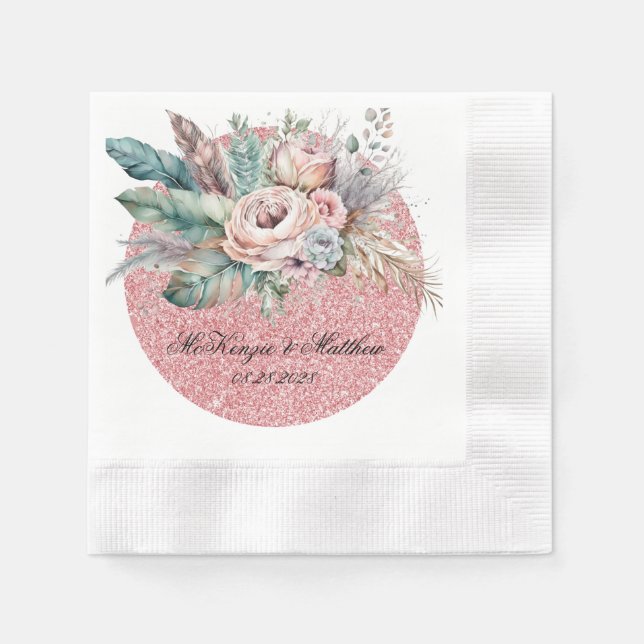 Rose Gold Glitzer Boho Florals Feathers Wedding Serviette (Vorderseite)