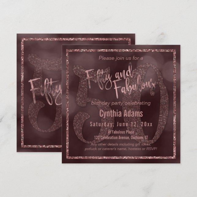 Rose Gold Glitzer & Bokeh 50 & Fabulous Typografie Einladung (Vorne/Hinten)