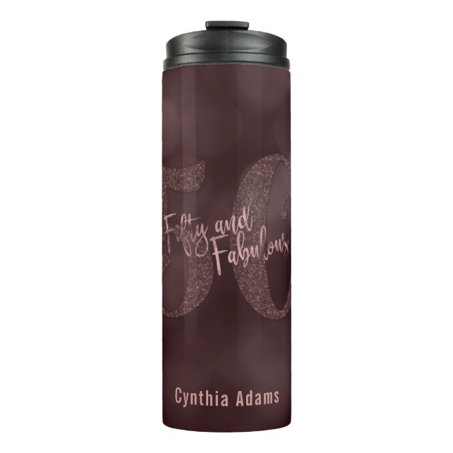 Rose Gold Glitzer & Bokeh 50 & Fabulous Typografie Thermosbecher (Vorderseite)