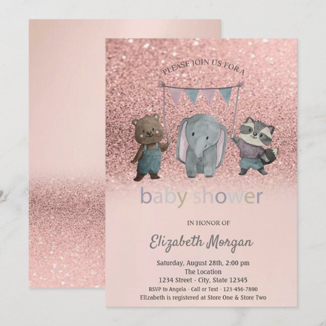 Rose Gold Glitzer Bokeh, Animals Baby Dusche Einladung (Vorne/Hinten)