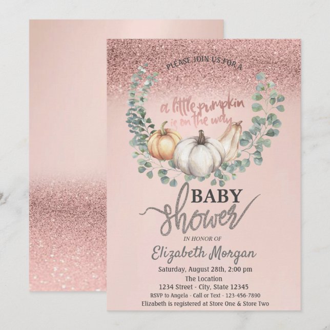 Rose Gold Glitzer Bokeh,Blätter Pumpkin Baby Dusch Einladung (Vorne/Hinten)