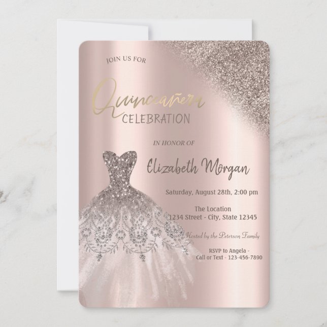 Rose Gold Glitzer Bokeh Dress Quinceañera Einladung (Vorderseite)