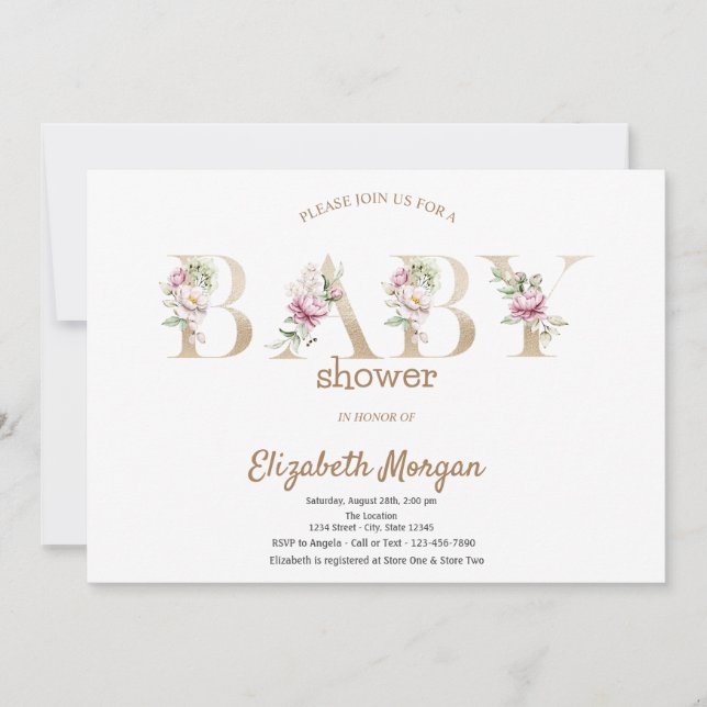 Rose Gold Glitzer Bokeh Floral Baby Dusche Einladung (Vorderseite)