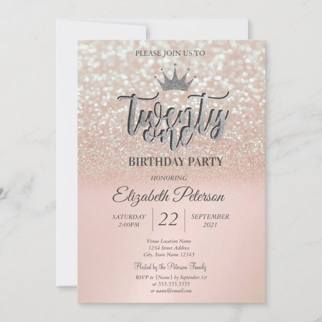 Rose Gold Glitzer Bokeh Ombre, Tiara 21. Geburtsta Einladung (Vorderseite)