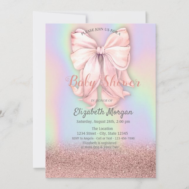 Rose Gold Glitzer Bokeh, Rosa Bow Holographische Einladung (Vorderseite)