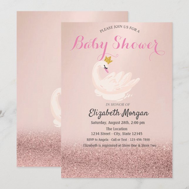 Rose Gold Glitzer Bokeh, Swan Crown Baby Dusche Einladung (Vorne/Hinten)