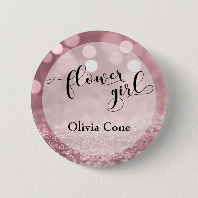 Rose Gold Glitzer Bokeh Typografie Blumenmädchen Button (Vorderseite)