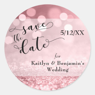 Rose Gold Glitzer Bokeh & Typografie Save the Date Runder Aufkleber