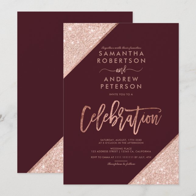 Rose Gold Glitzer Bordeaux Feier Hochzeit Einladung (Vorne/Hinten)