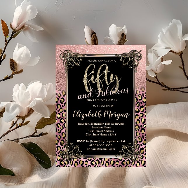 Rose Gold Glitzer Border Leopard 50. Geburtstag Einladung (Von Creator hochgeladen)