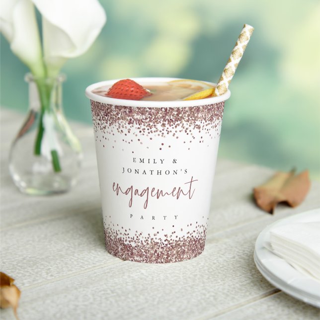 Rose Gold Glitzer Border Names Engagement Partei Pappbecher (In Situ)