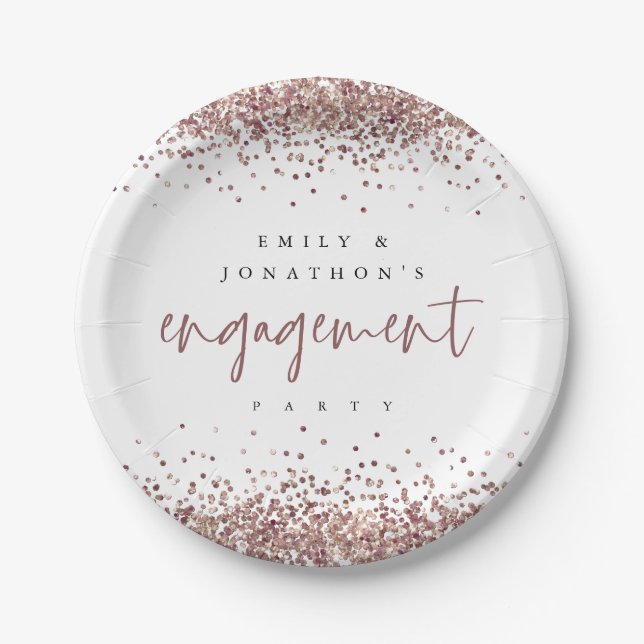 Rose Gold Glitzer Borders Names Engagement Party Pappteller (Vorderseite)