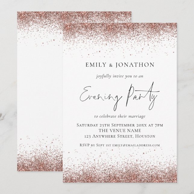Rose Gold Glitzer Borders Wedding Abend Einladung (Vorne/Hinten)