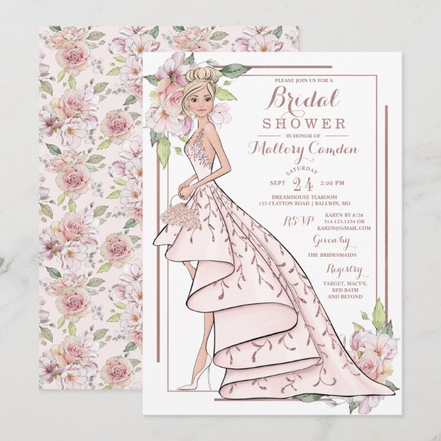 Rose Gold Glitzer Brautdusche Einladung (Vorne/Hinten)