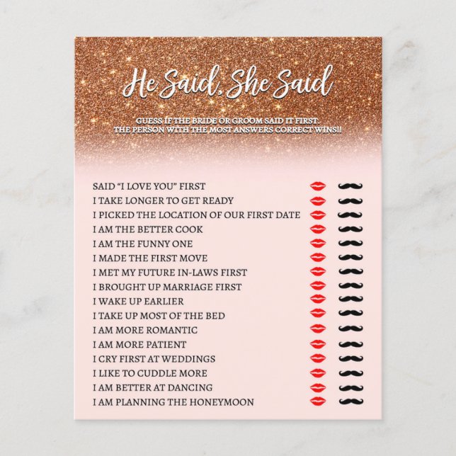 Rose Gold Glitzer Bridal sagte, sie sagte, Spiel (Vorderseite)