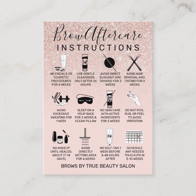 Rose Gold Glitzer Brows Aftercare-Symbol Visitenkarte (Vorderseite)