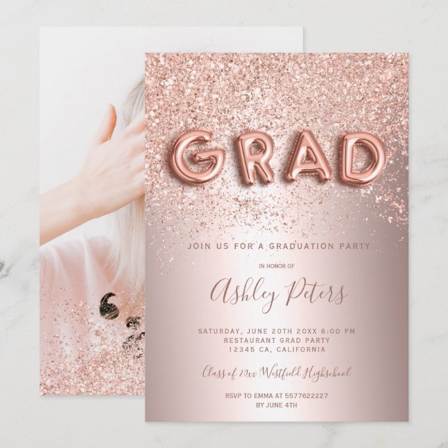 Rose Gold Glitzer Buchstaben Folie Foto Abschluss Einladung (Vorne/Hinten)