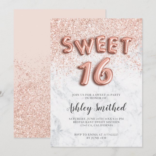Rose Gold Glitzer Buchstaben Marmor 16 . Geburtsta Einladung (Vorne/Hinten)