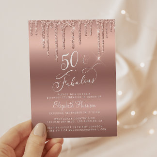 Rose Gold Glitzer Budget 50. Geburtstag Einladung