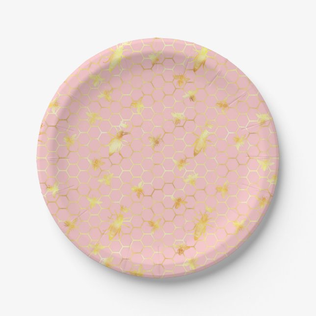 Rose Gold Glitzer Bumble Bee Geburtstag Thema Pappteller (Vorderseite)