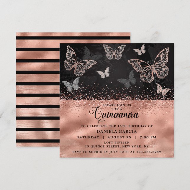 Rose Gold Glitzer Butterfly Moderne Quinceñera Einladung (Vorne/Hinten)
