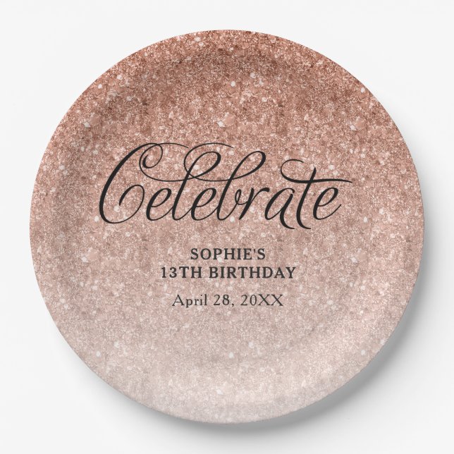 Rose Gold Glitzer Celebrate Personalisiert Pappteller (Vorderseite)