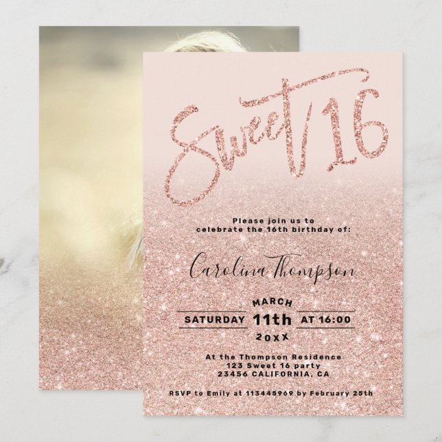 Rose Gold Glitzer Chic Drehbuch rot Sweet 16 Foto Einladung (Vorne/Hinten)