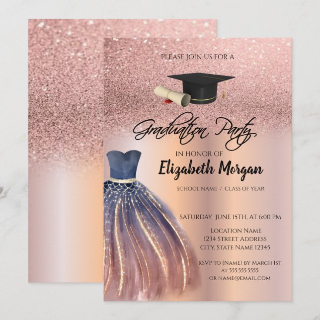 Rose Gold Glitzer Chic Dress Grad Cap Abschluss Einladung (Vorne/Hinten)