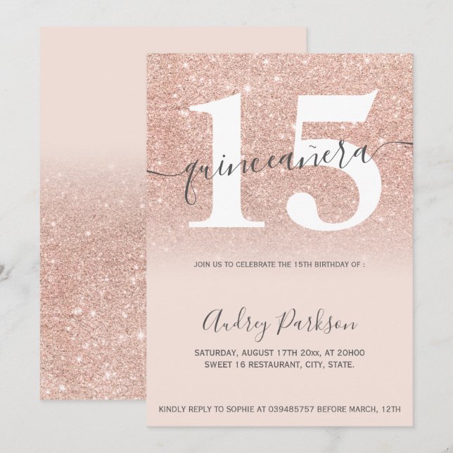 Rose Gold Glitzer Chic Rosa Quinceanera Einladung (Vorne/Hinten)