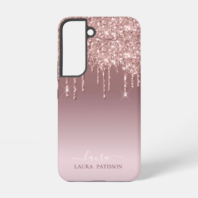 Rose Gold Glitzer Chic-Skript mit Monogramm Samsung Galaxy Hülle (Rückseite)