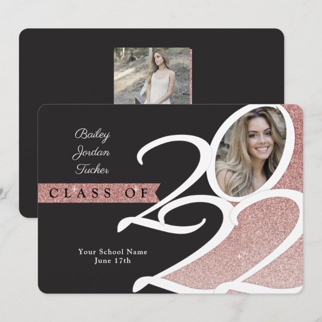 Rose Gold Glitzer Class of 2022 Foto Abschluss Ankündigung (Vorne/Hinten)