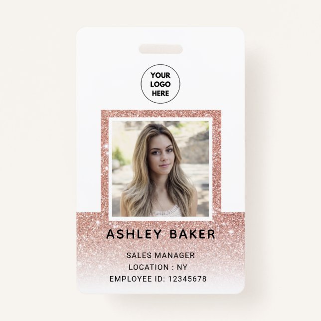 Rose Gold Glitzer Company Security ID Foto Name Ausweis (Vorderseite)