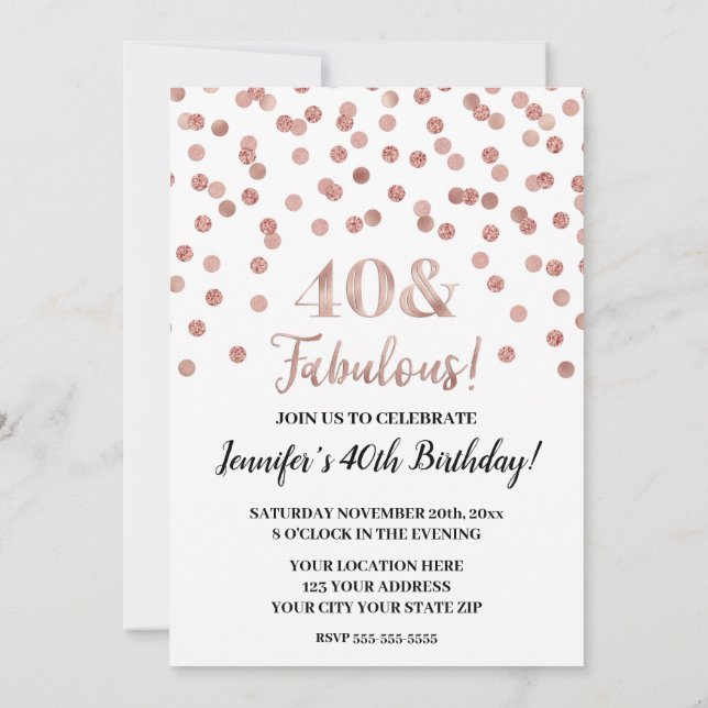 Rose Gold Glitzer Confetti 40 und fabelhaft Einladung (Rückseite)