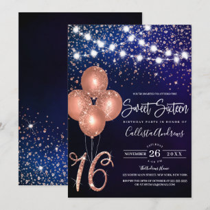 Rose Gold Glitzer Confetti Balloons Light Sweet 16 Einladung