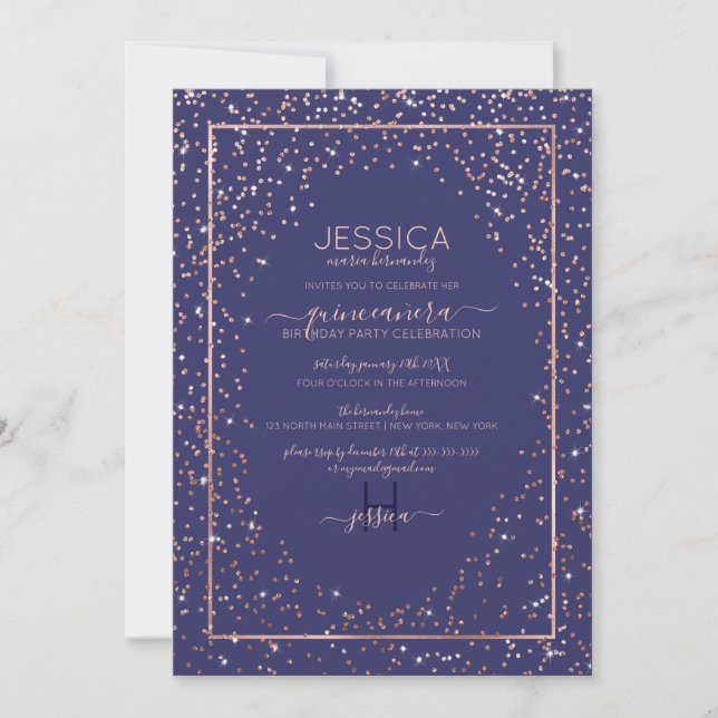 Rose Gold Glitzer Confetti Border Quinceñera Einladung (Vorderseite)