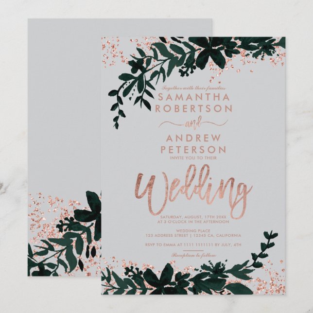 Rose Gold Glitzer Confetti Florgrau Hochzeit Einladung (Vorne/Hinten)