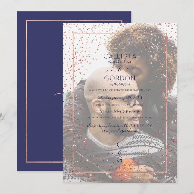 Rose Gold Glitzer Confetti Foto Verlobung Einladung (Vorne/Hinten)