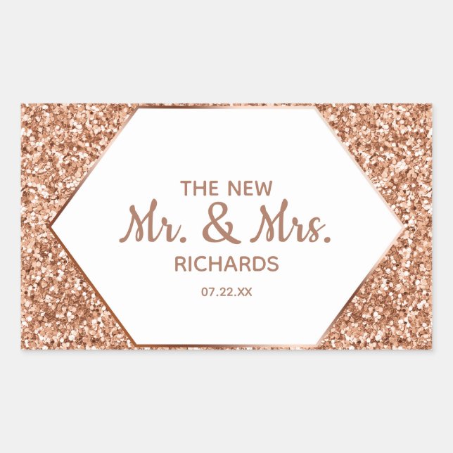 Rose Gold Glitzer Confetti Glam Der neue Mr. & Mrs Rechteckiger Aufkleber (Vorderseite)