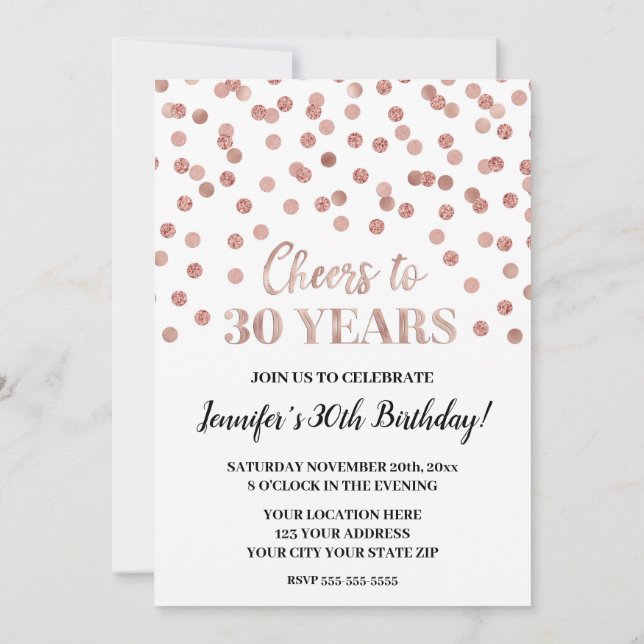 Rose Gold Glitzer Confetti jubelt auf 30 Jahre Einladung (Rückseite)