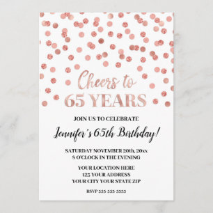 Rose Gold Glitzer Confetti jubelt auf 65 Jahre Einladung