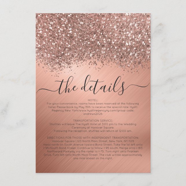 Rose Gold Glitzer Confetti Metallic Hochzeitsdetai Begleitkarte (Vorderseite)