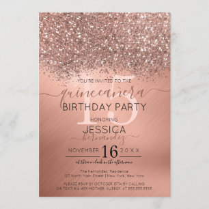 Rose Gold Glitzer Confetti Metallic Quinceañera Einladung