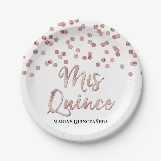 Rose Gold Glitzer Confetti Mis 15 Quinceanera Pappteller (Vorderseite)